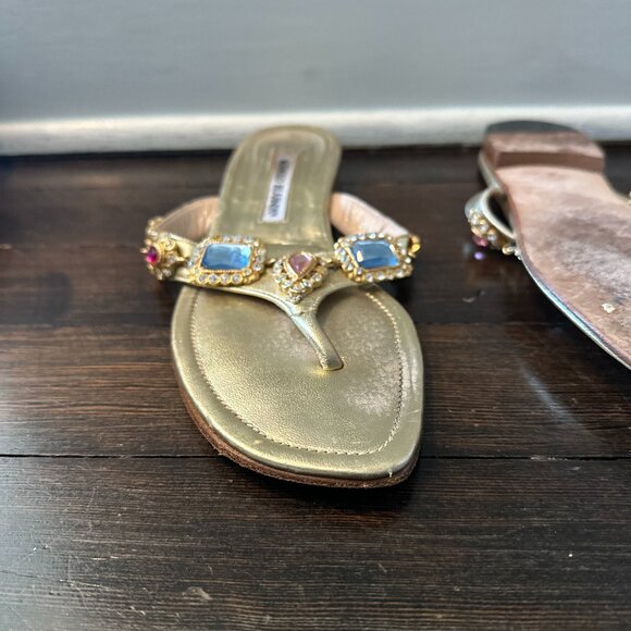 Manolo Blahnik Gold Leather Jeweled Flats - sz 38 (runs small - best for a 37) - Picture 6 of 10